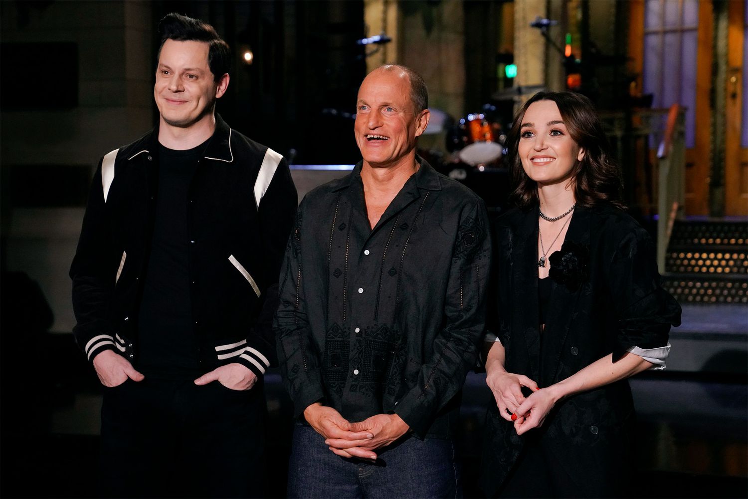 SATURDAY NIGHT LIVE -- “Woody Harrelson, Jack White” Episode 1839 -- Pictured: (l-r) Musical Guest Jack White, Host Woody Harrelson, and Chloe Fineman during Promos in Studio 8H on Thursday, February 23, 2023