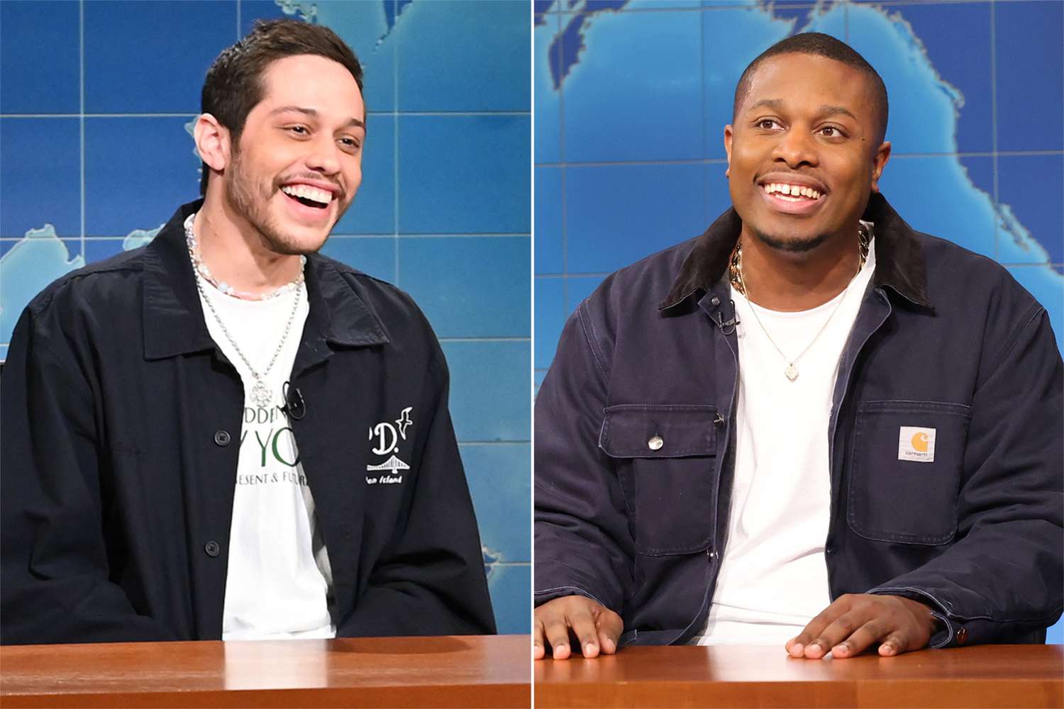 SATURDAY NIGHT LIVE -- Natasha Lyonne, Japanese Breakfast Episode 1826 -- Pictured: (l-r) Pete Davidson and anchor Colin Jost during Weekend Update on Saturday, May 21, 2022, SATURDAY NIGHT LIVE -- Megan Thee Stallion Episode 1829 -- Pictured: (l-r) Anchor Michael Che and Devon Walker during Weekend Update on Saturday, October 15, 2022