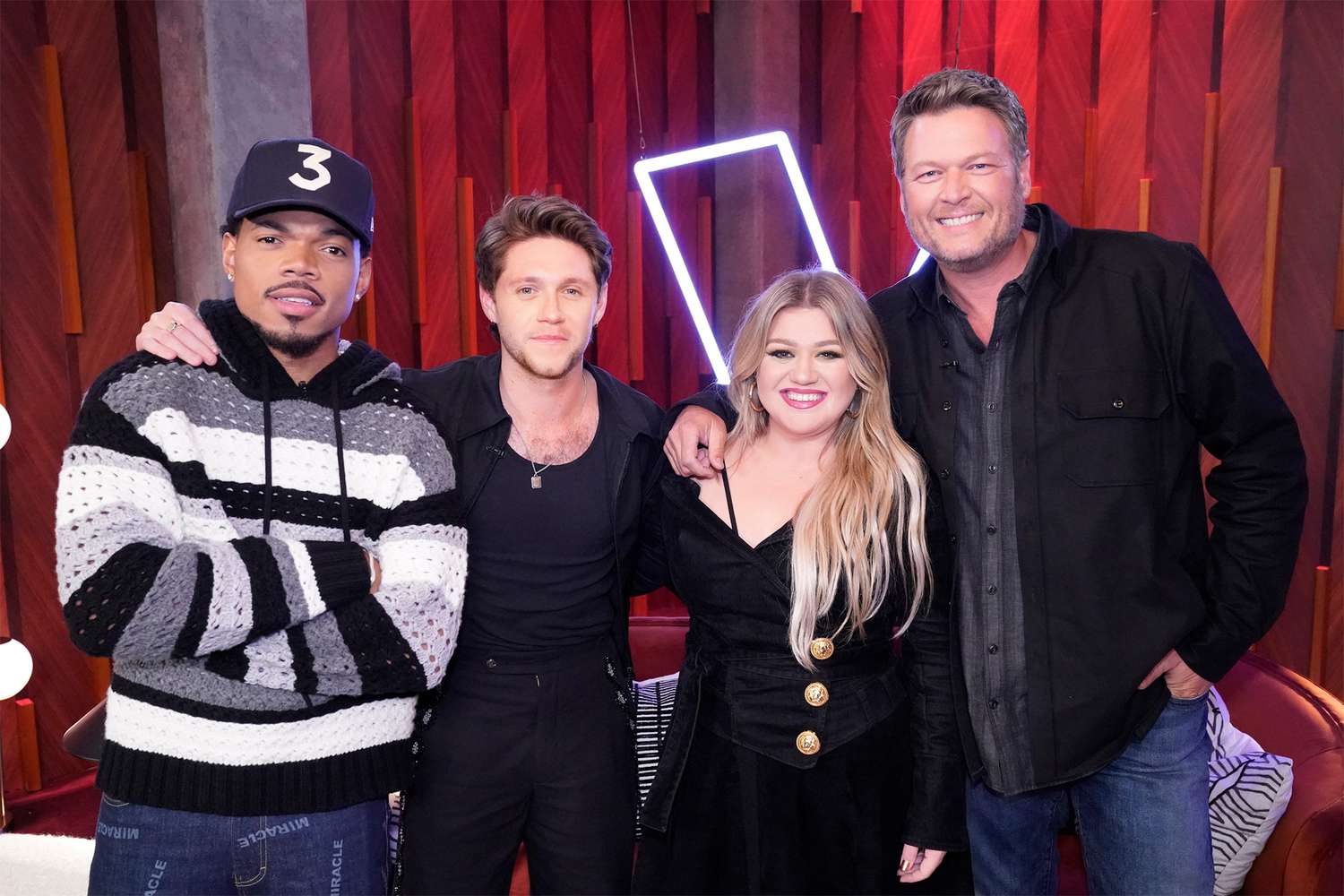THE VOICE -- "Blind Auditions" Episode -- Pictured: (l-r) Chance the Rapper, Niall Horan, Kelly Clarkson, Blake Shelton