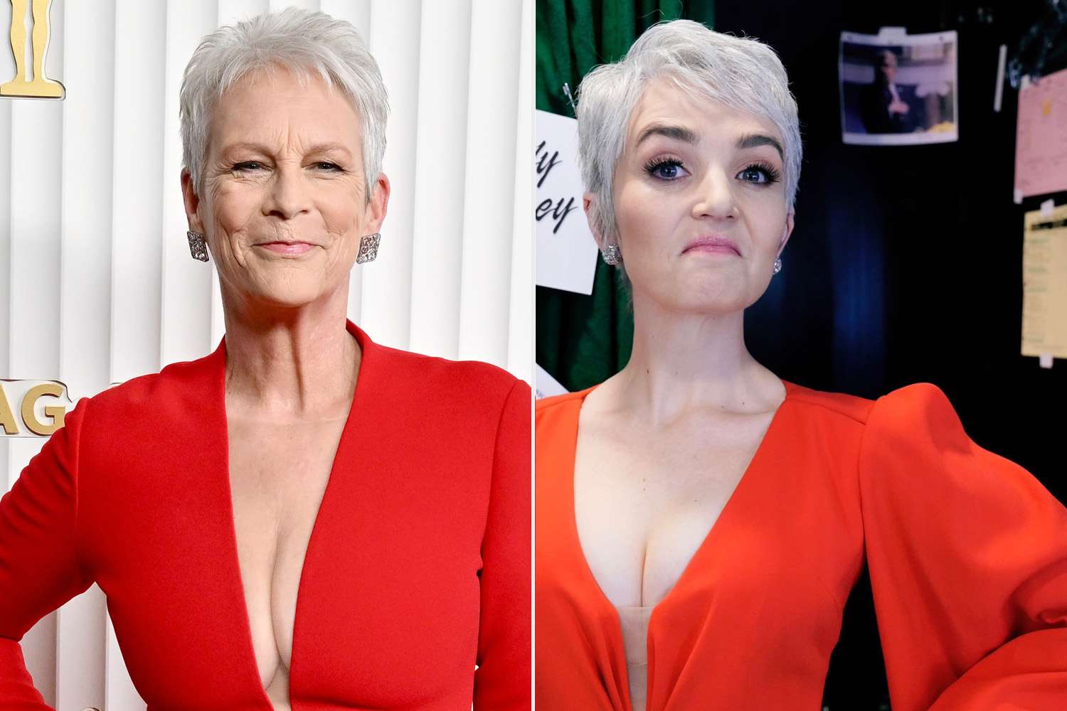 Jamie Lee Curtis attends the 29th Annual Screen Actors Guild Awards; Chloe Fineman as Jamie Lee Curtis on SNL