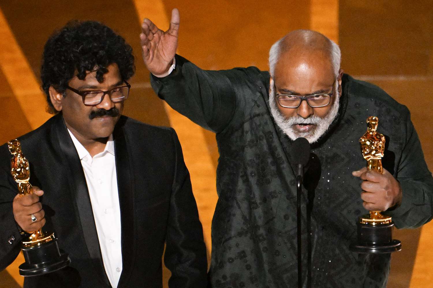 M.M. Keeravaani and Chandrabose accept the Oscar for Best Original Song for 'Naatu Naatu' from 'RRR'