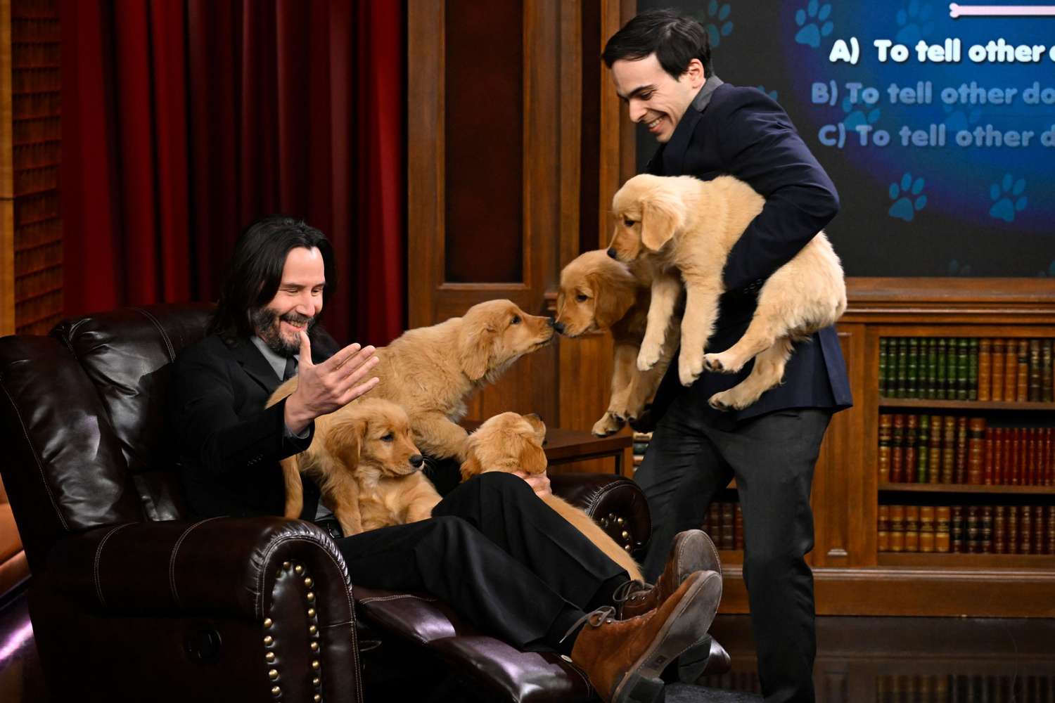 THE TONIGHT SHOW STARRING JIMMY FALLON -- Episode 1816 -- Pictured: Actor Keanu Reeves during Pup Quiz on Thursday, March 16, 2023 -- (Photo by: Todd Owyoung/NBC via Getty Images)