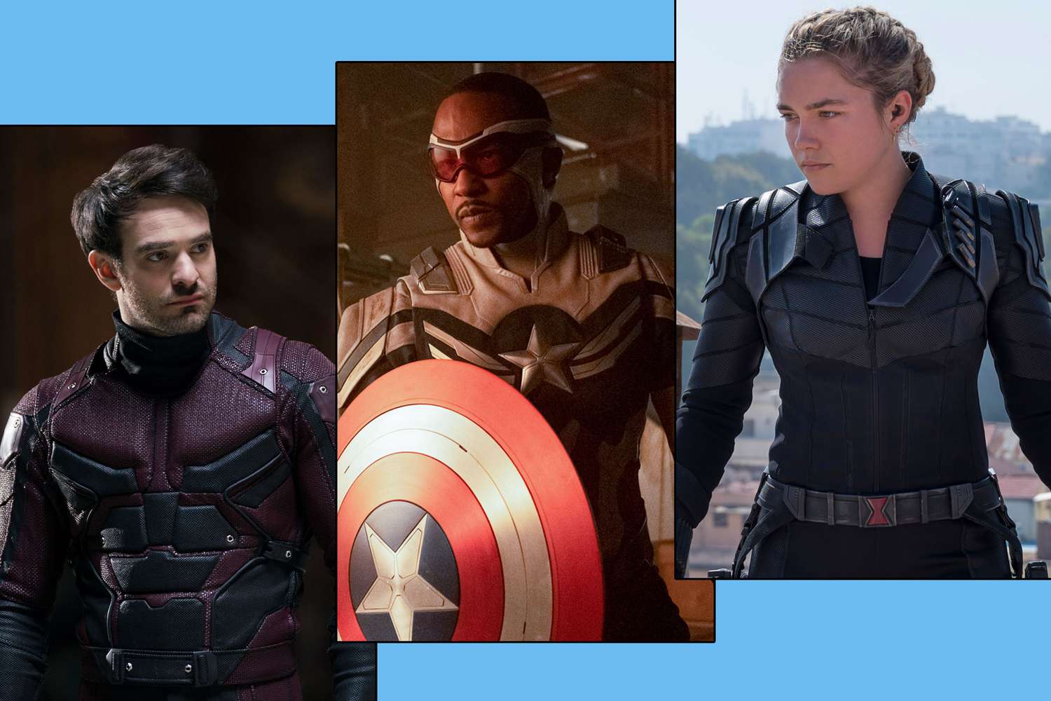 Charlie Cox as Daredevil, Anthony Mackie as Captain America, Florence Pugh as Yelena Belova