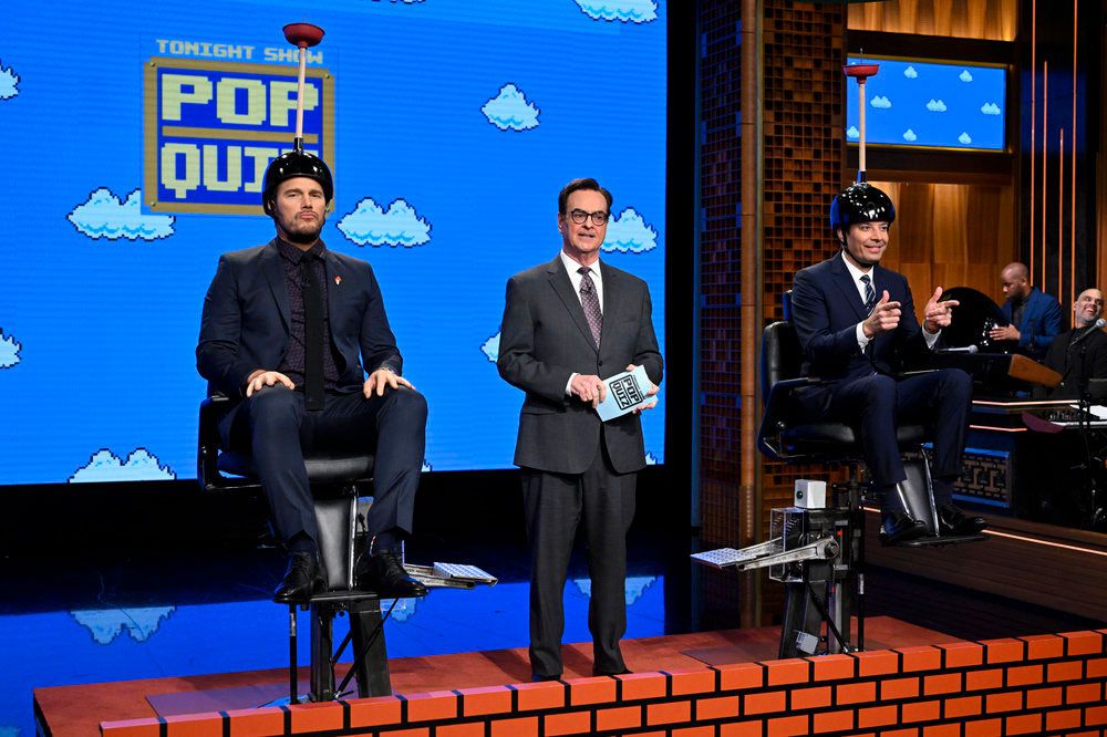 THE TONIGHT SHOW STARRING JIMMY FALLON -- Episode 1827 -- Pictured: (l-r) Actor Chris Pratt, announcer Steve Higgins, and host Jimmy Fallon during “Pop Quiz” on Friday, March 31, 2023 -- (Photo by: Todd Owyoung/NBC)
