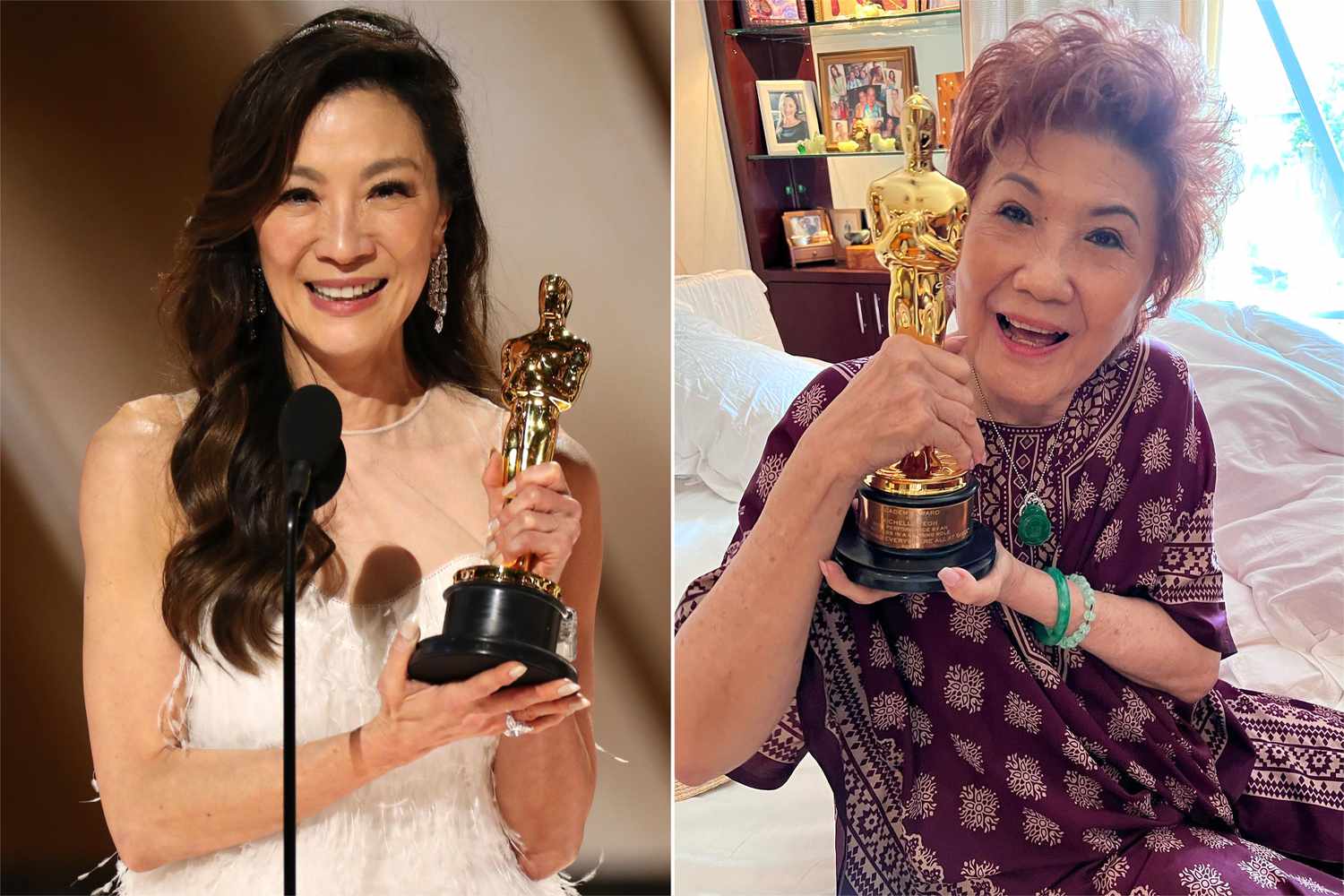 Michelle Yeoh and her mother holding her 'Everything Everywhere All At Once' Oscar