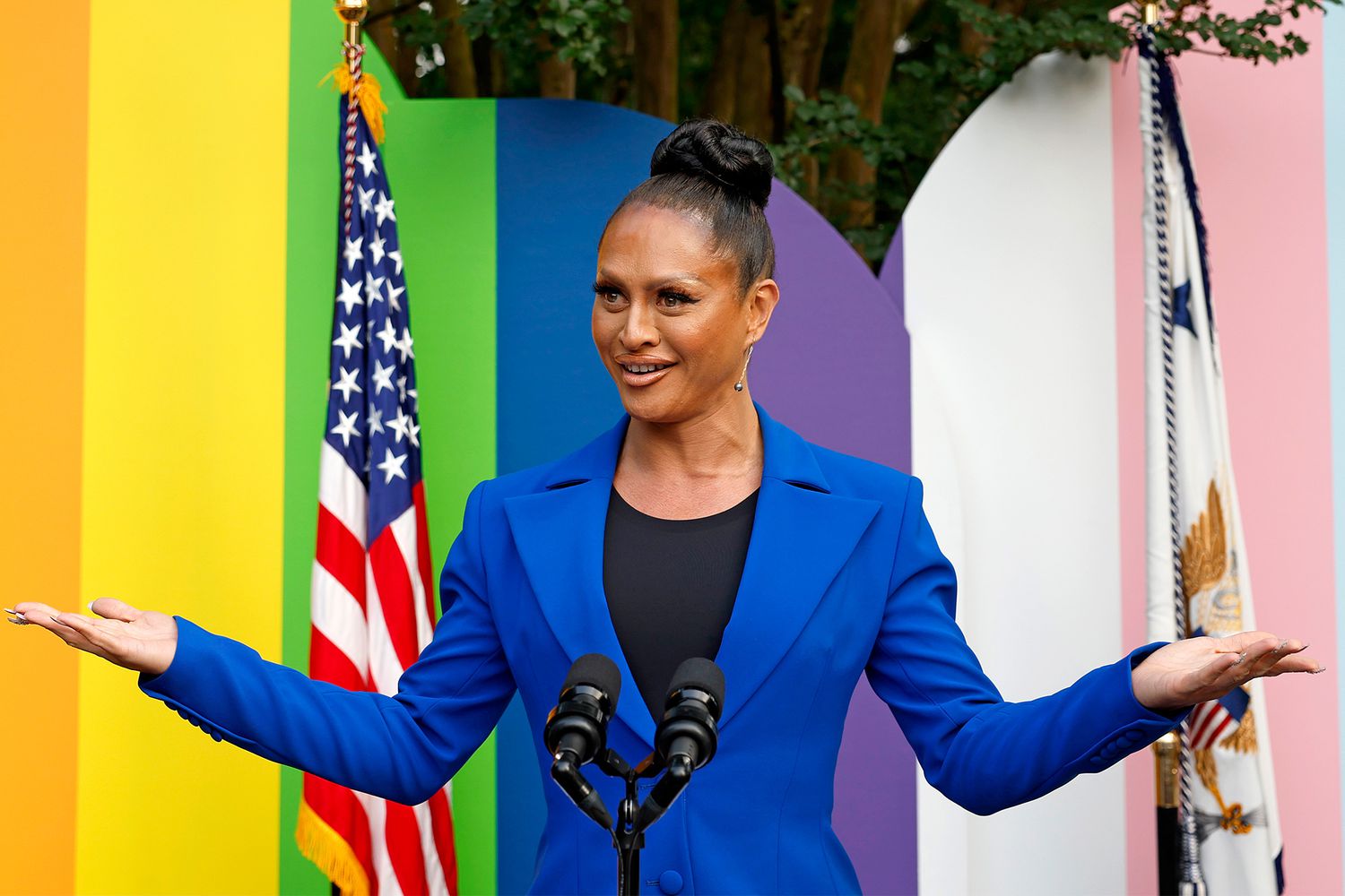 Sasha Colby speaks onstage during a Pride Celebration hosted by the Vice President Of The United States and Mr. Emhoff in collaboration with GLAAD on June 28, 2023 in Washington, DC.