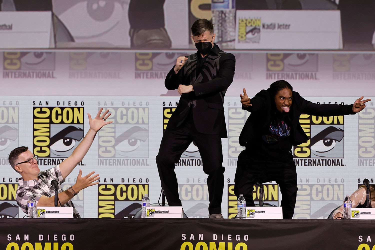 Bill Rosemann, Yuri Lowenthal and Nadji Jeter onstage at Marvel's Spider-Man 2: Symbiotic Relationships panel during 2023 Comic-Con International in San Diego