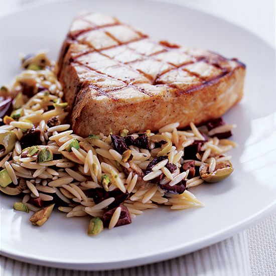 Swordfish with Orzo, Pistachios and Olives 