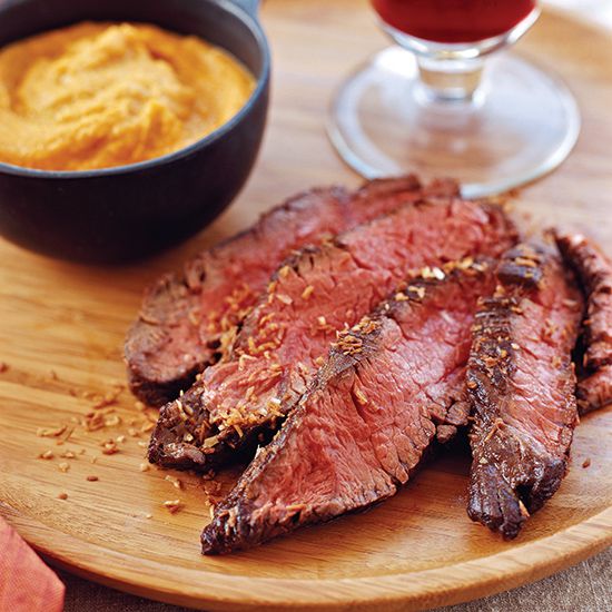 Malabar Spice-Crusted Hanger Steaks with Gingered Carrot Puree