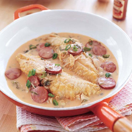 Snapper with Spicy Crab-and-Andouille Sauce