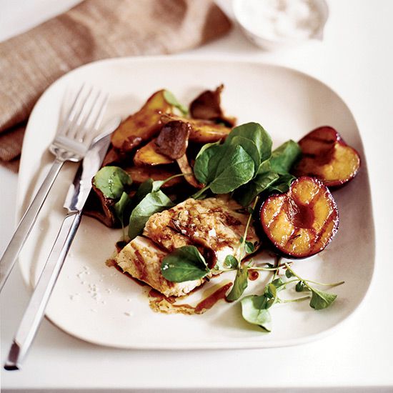 Grilled Striped Bass with Plums and Potato-Mushroom Papillotes