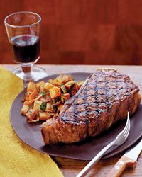 Grilled Strip Steaks with Sweet Potato Hash Browns
