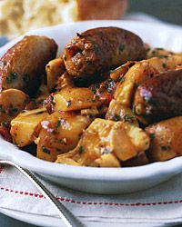 Sausages, Potatoes, and Artichoke Hearts in Tomato Broth 