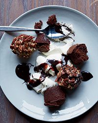 Brownie Cake Sundaes with Pecan-Ice Cream Balls