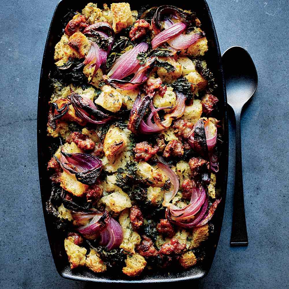 Sourdough Stuffing with Sausage, Red Onion and Kale 