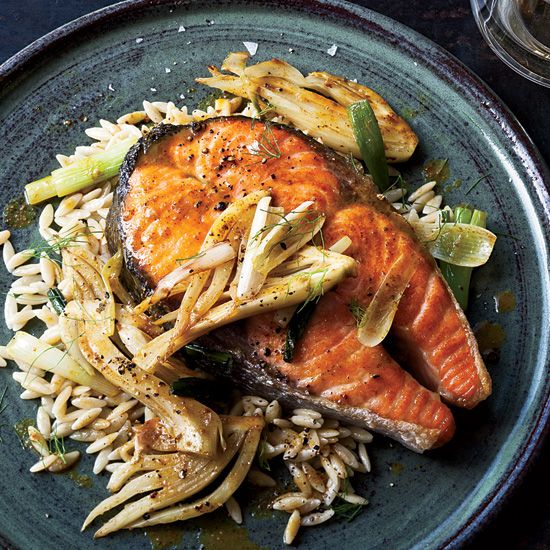 Salmon Steaks with Curried Fennel-Wine Sauce