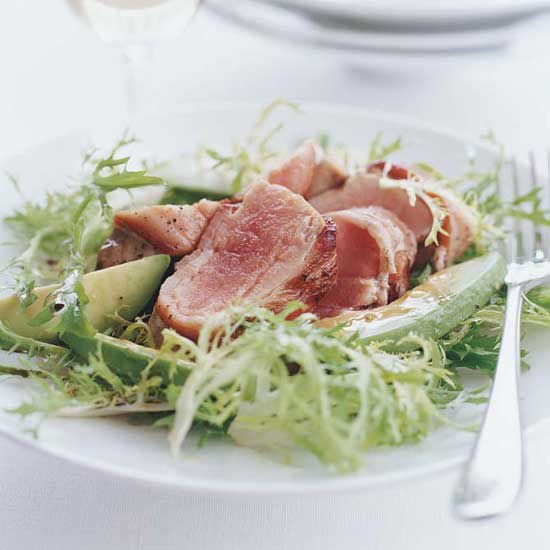 Bacon-Wrapped Tuna Steaks with Fris&eacute;e and Avocado Salad
