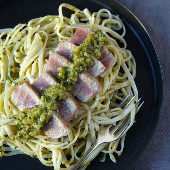 Linguine with Seared Tuna and Green-Olive Tapenade