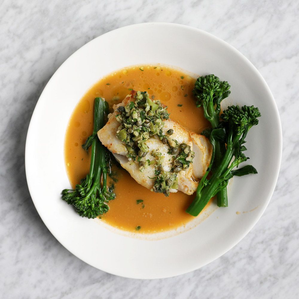 Baked Cod Fillet with Bouillabaisse Sauce and Green Olive Tapenade 