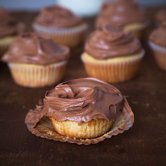Vanilla Bean Golden Cupcakes with Chocolate Frosting