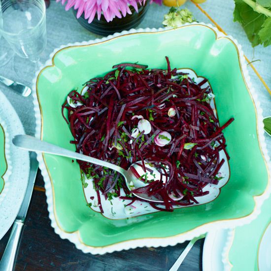 Spicy Raw Beet Slaw with Citrus, Scallions and Arugula