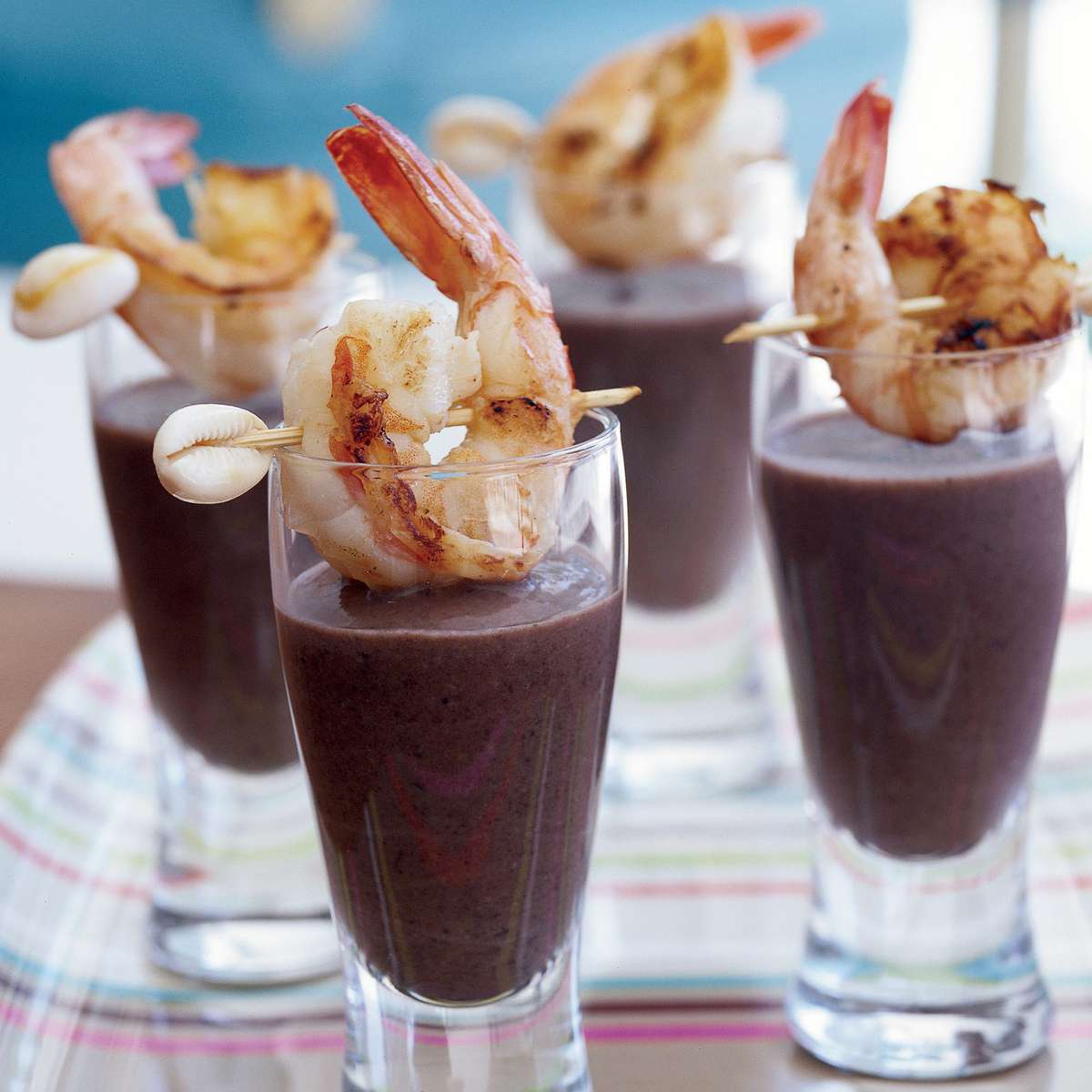 Sherried Black Bean Soup Topped with Grilled Shrimp