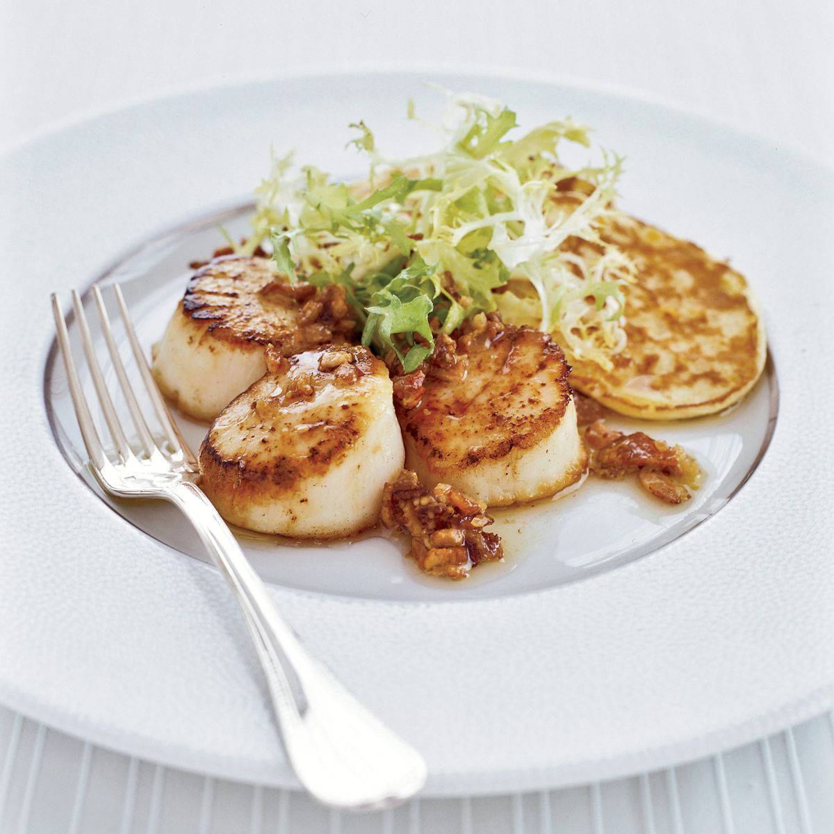Seared Scallops and Corn Cakes with Bacon Vinaigrette 