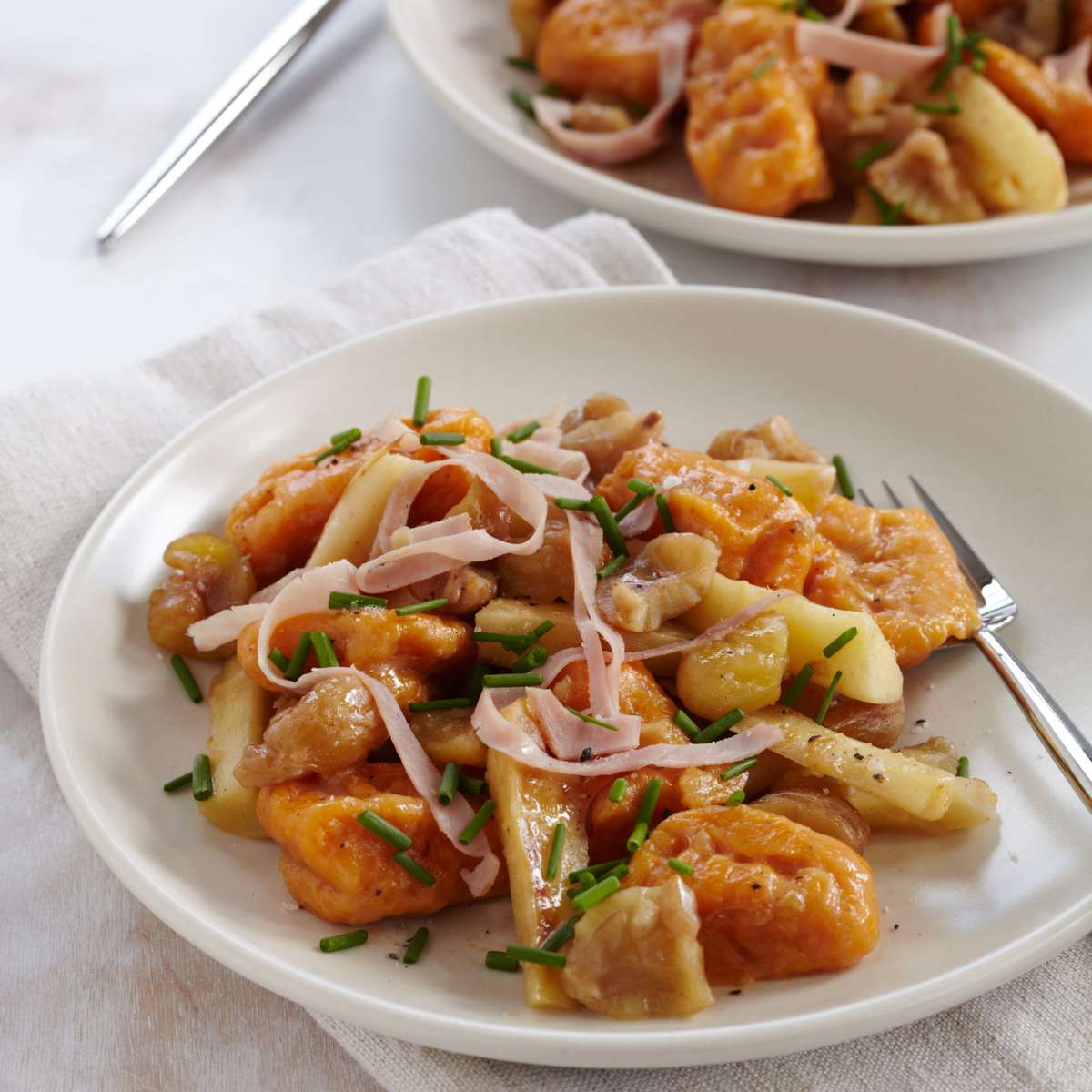 Sweet Potato Gnocchi with Salsify, Chestnuts and Ham 