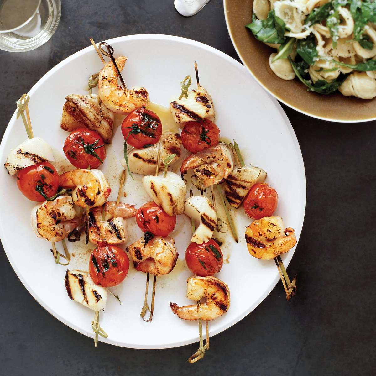 Grilled Seafood Kebabs and Orecchiette with Arugula 