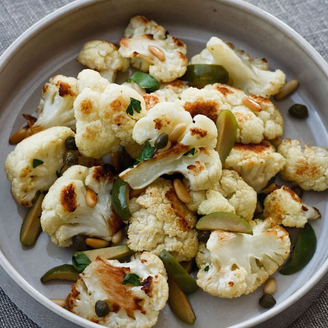 Roasted Cauliflower with Green Olives and Pine Nuts 