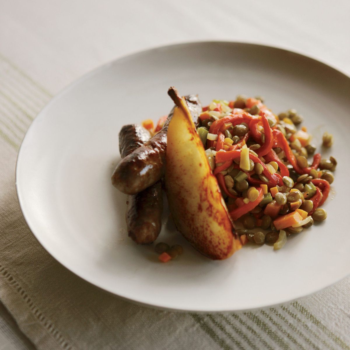 Lamb Sausage with Lentils and Saut&eacute;ed Pears 