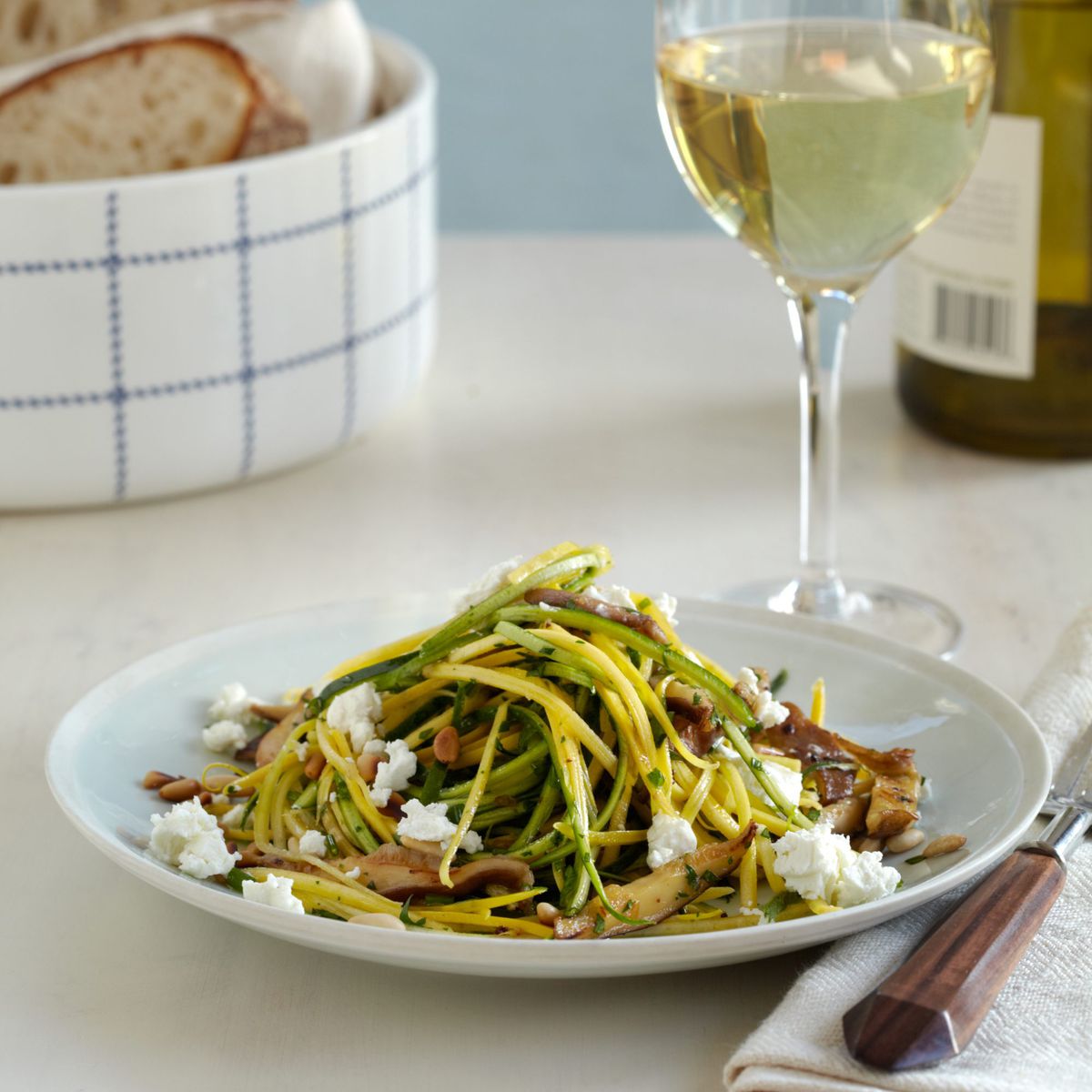 Squash and Zucchini Linguine with Goat Cheese 
