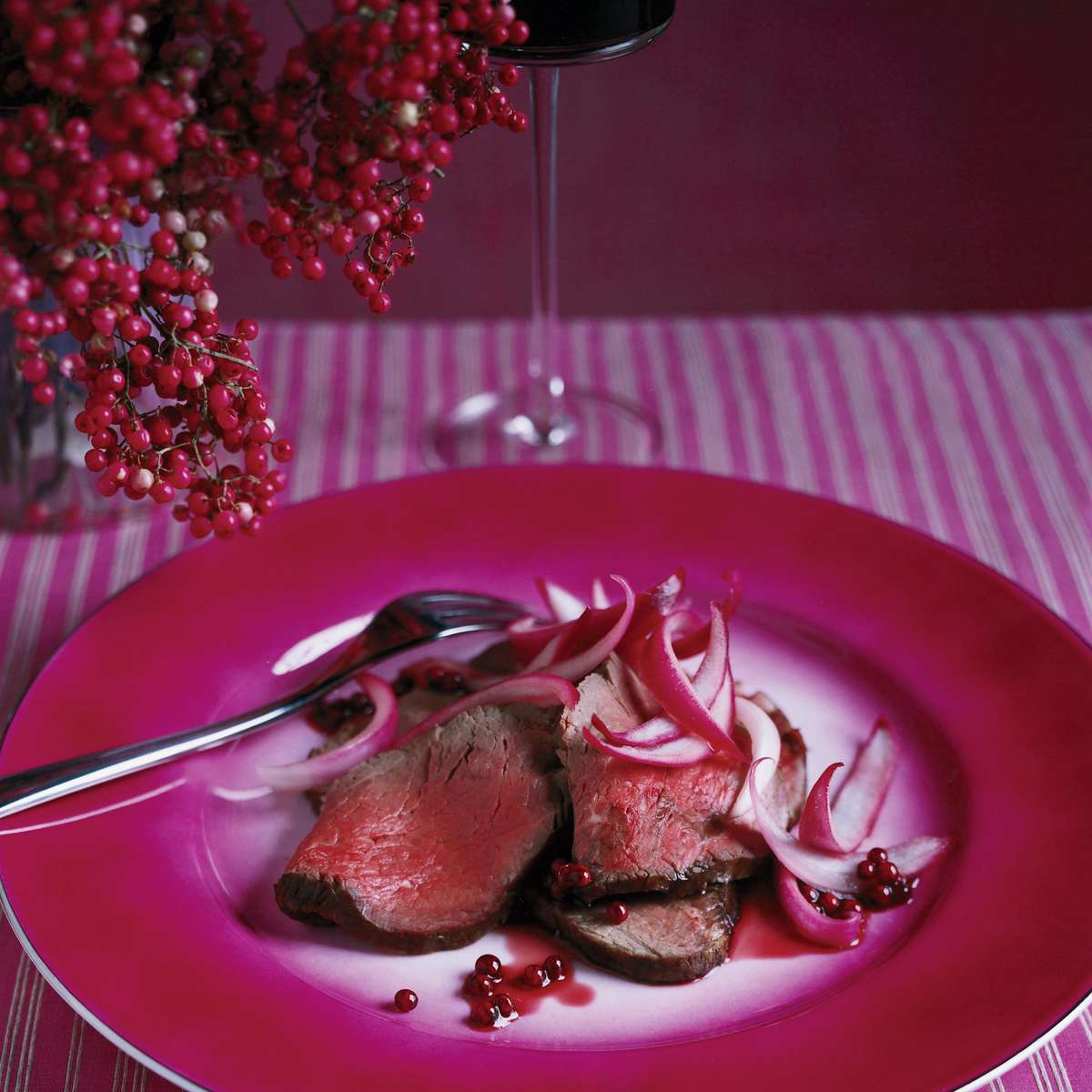 Beef Tenderloin with Pickled Onions and Pink Peppercorns 