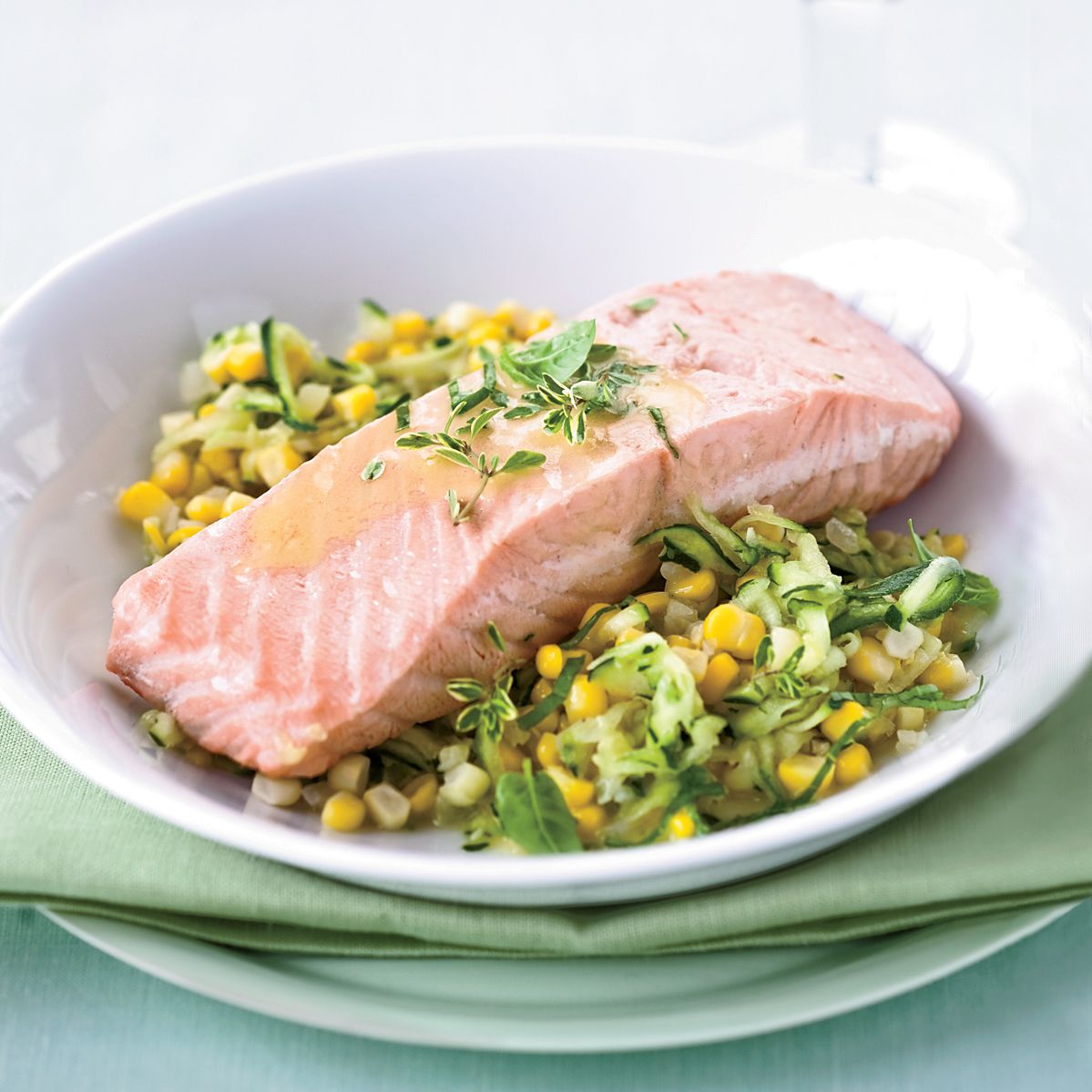 Poached Salmon with Corn and White Wine-Butter Sauce 