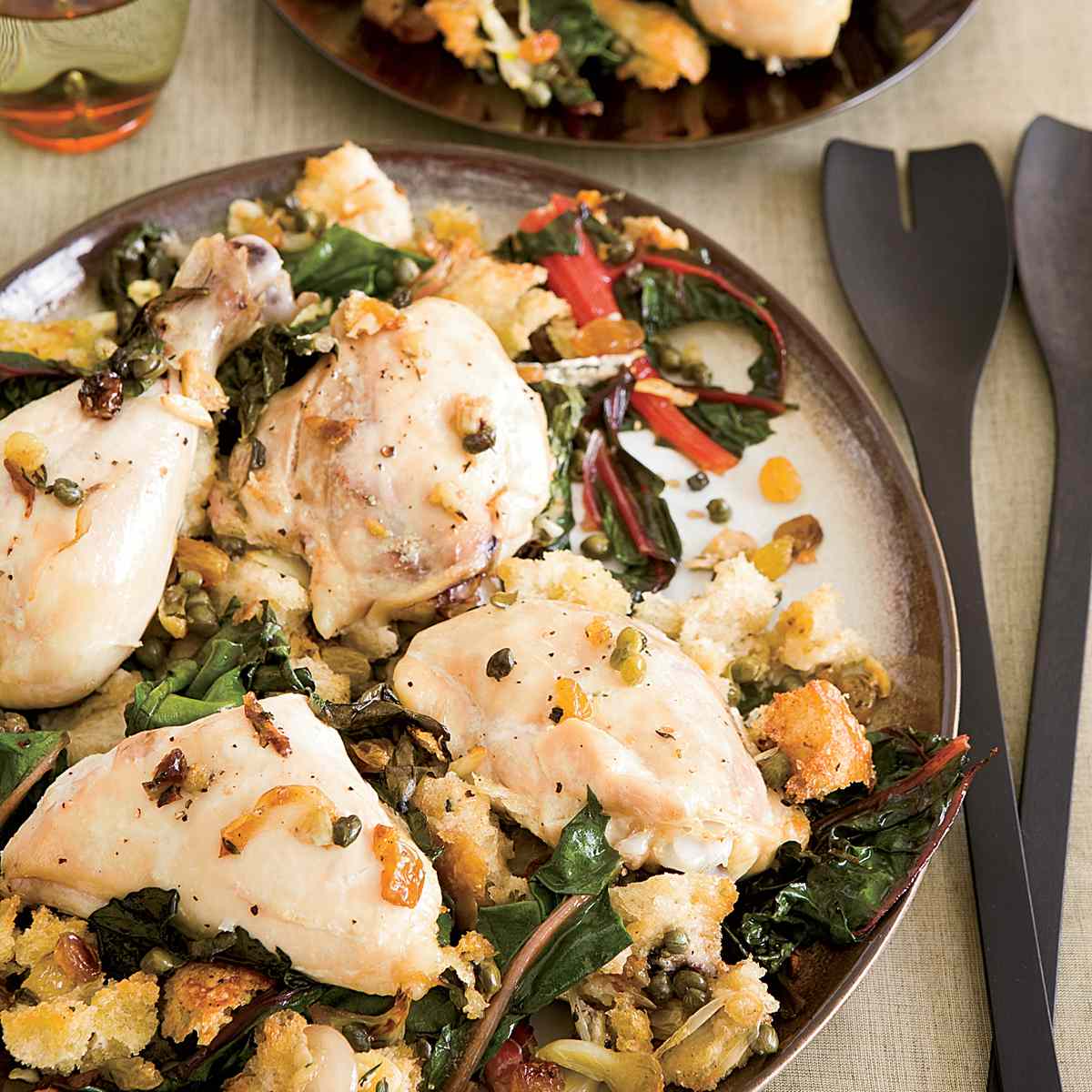 Chicken Baked on a Bed of Bread and Swiss Chard 