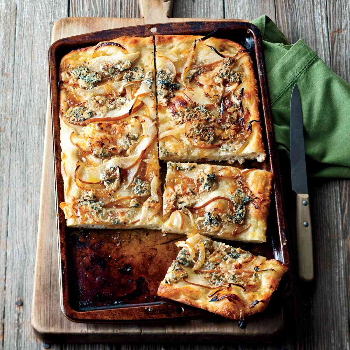 Focaccia with Caramelized Onions, Pear and Blue Cheese