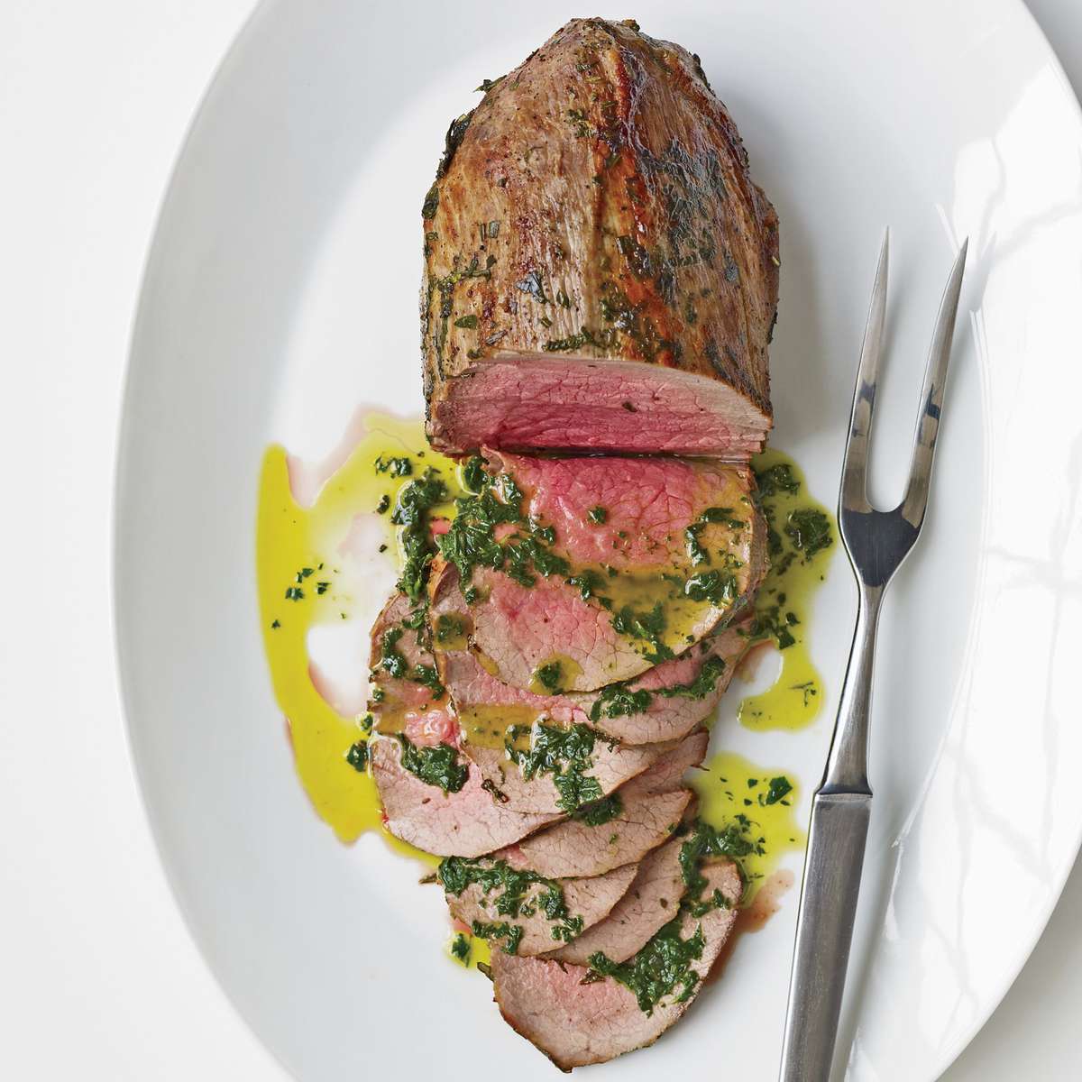 Rare Roast Beef with Fresh Herbs and Basil Oil 