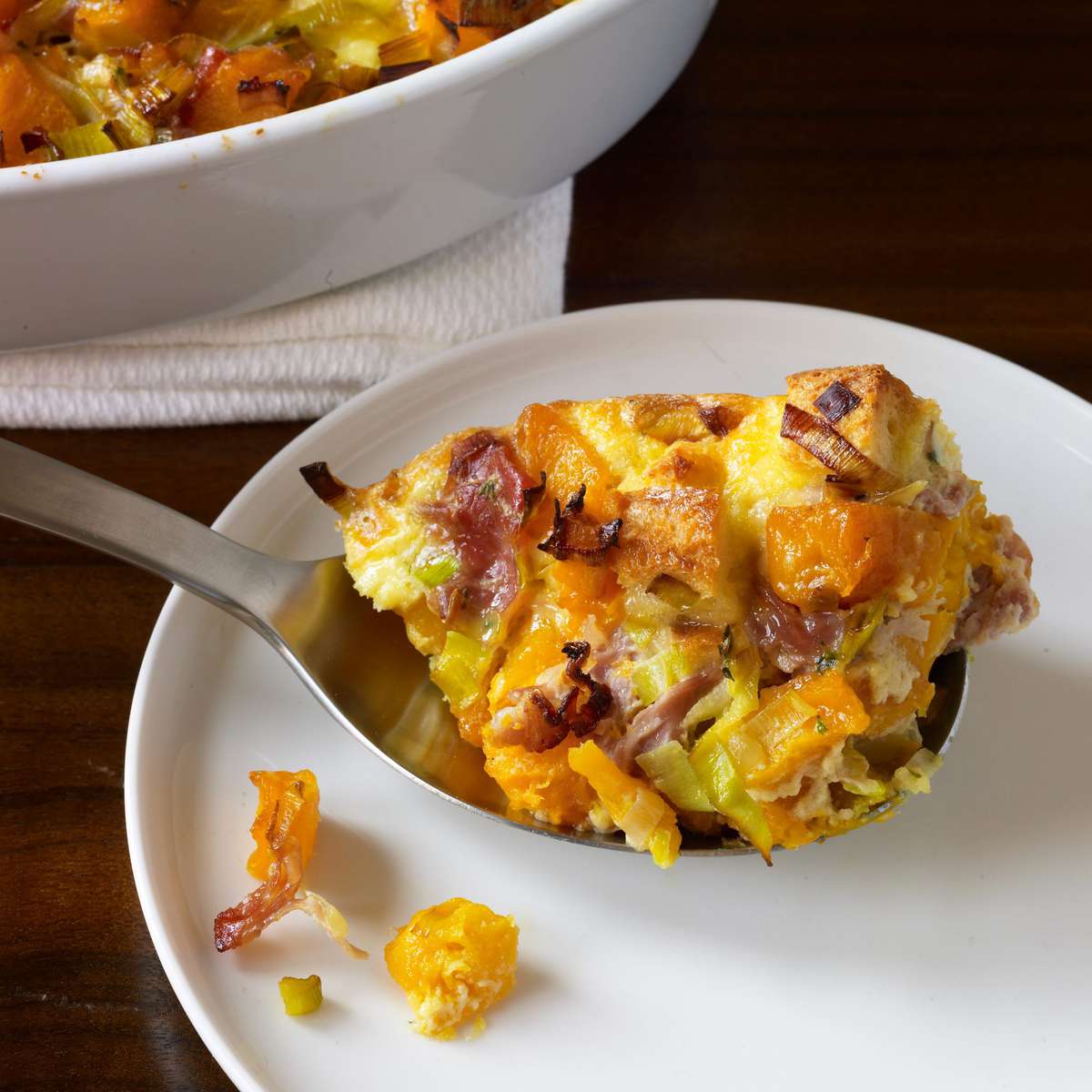 Butternut Squash Casserole with Leeks, Prosciutto and Thyme 