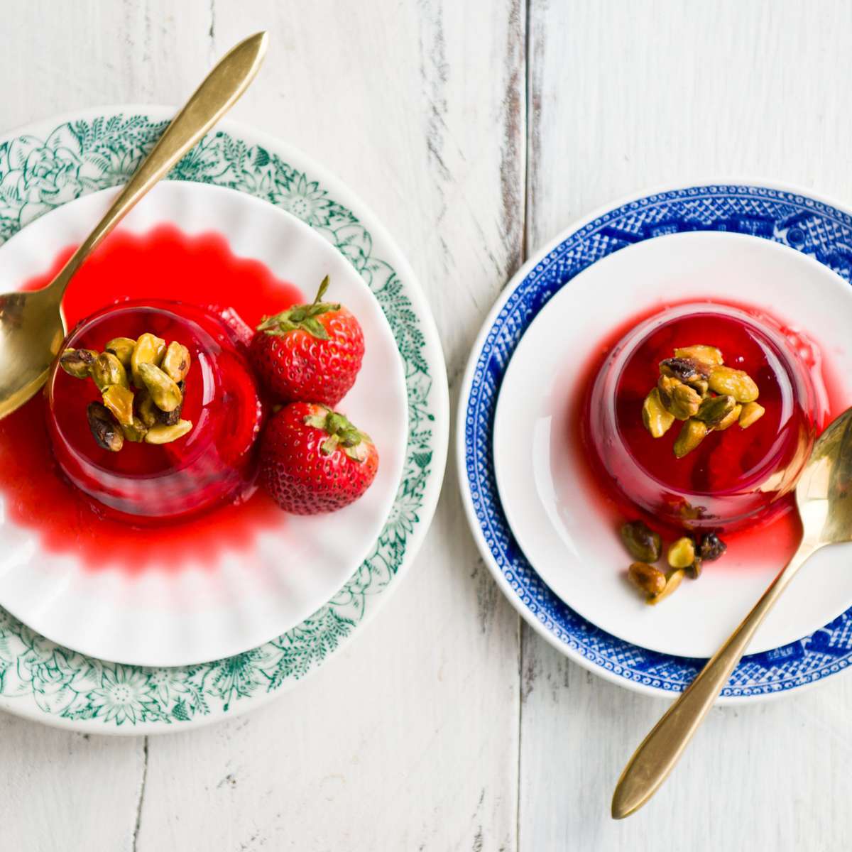 Strawberry and Sweet Wine Gelées with Candied Pistachios 