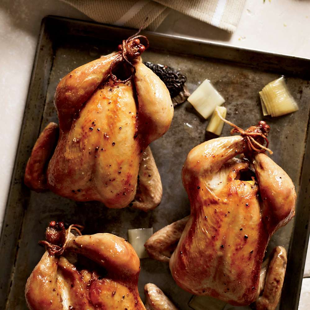 Roasted Cornish Hens with Morels and Leeks 