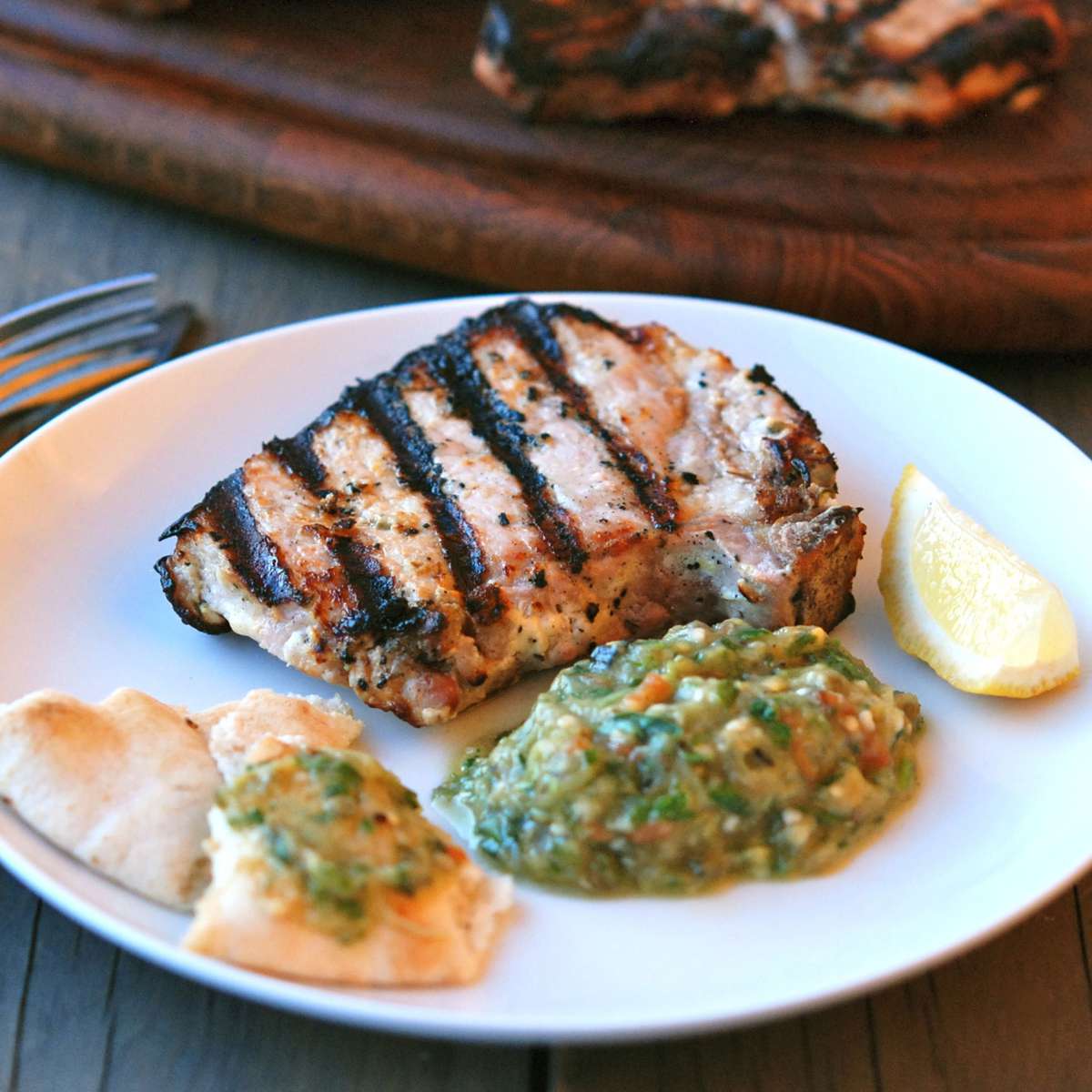 Grilled Pork Kalymnos-Style with Eggplant-and-Tomato Salad 