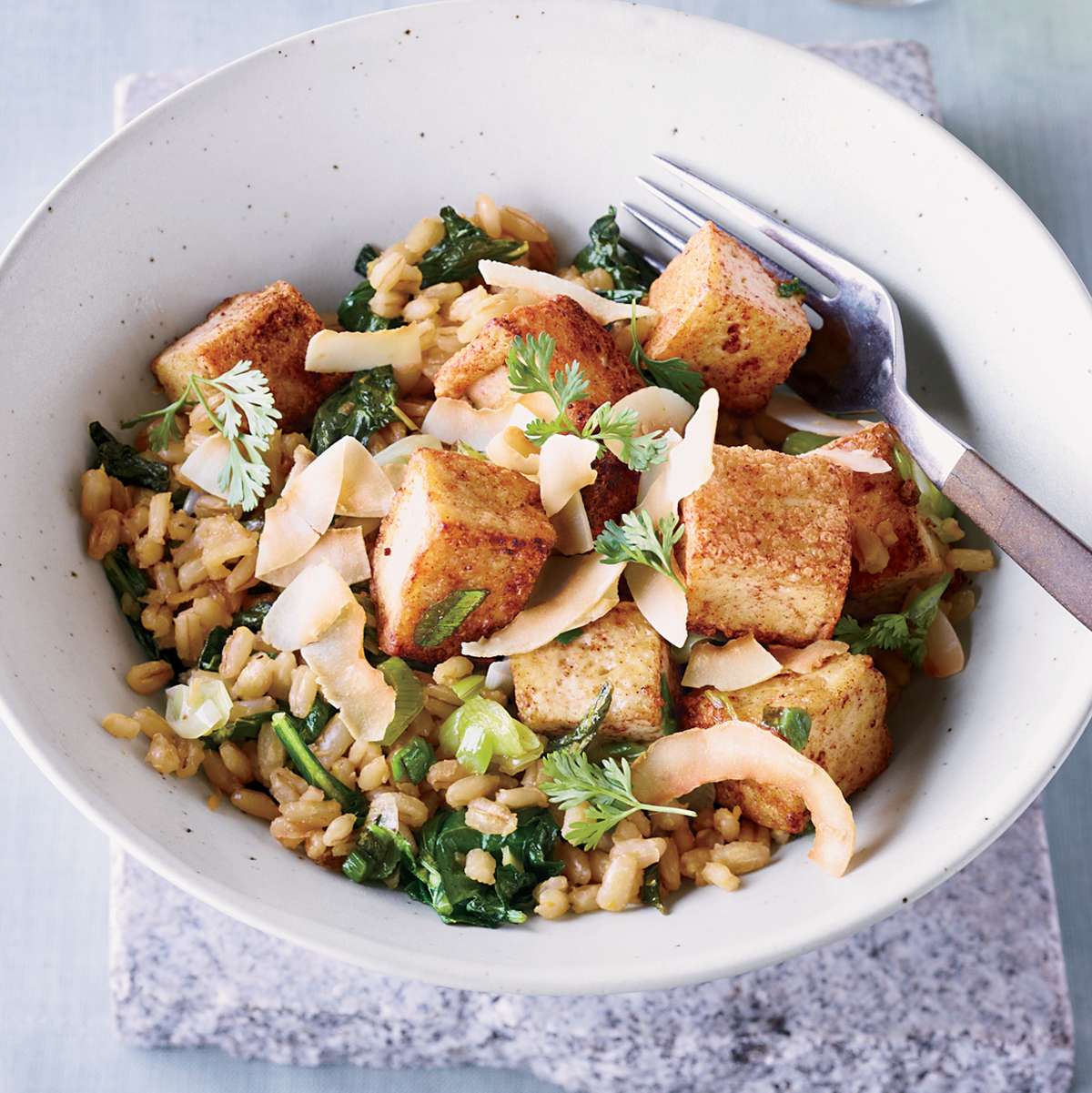Five-Spice Tofu with Barley and Kale 