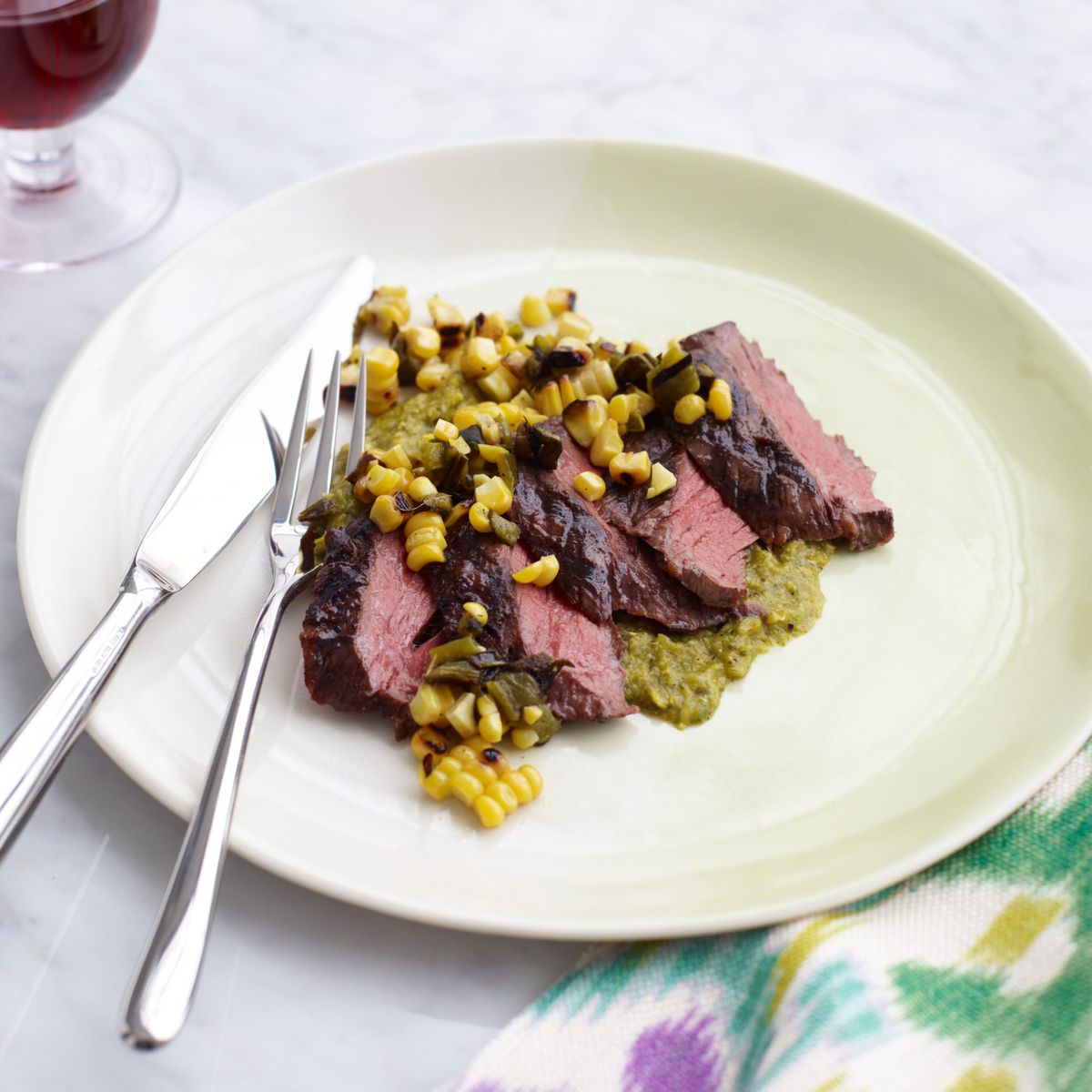 Grilled Skirt Steak with Poblano-Corn Sauce and Salsa 