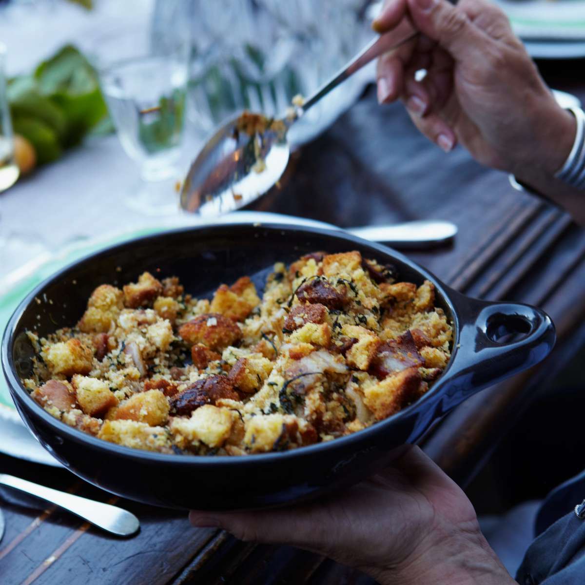 Corn Bread Stuffing with Bacon and Greens