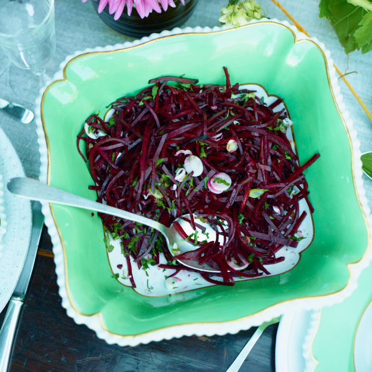 Spicy Raw Beet Slaw with Citrus, Scallions and Arugula 