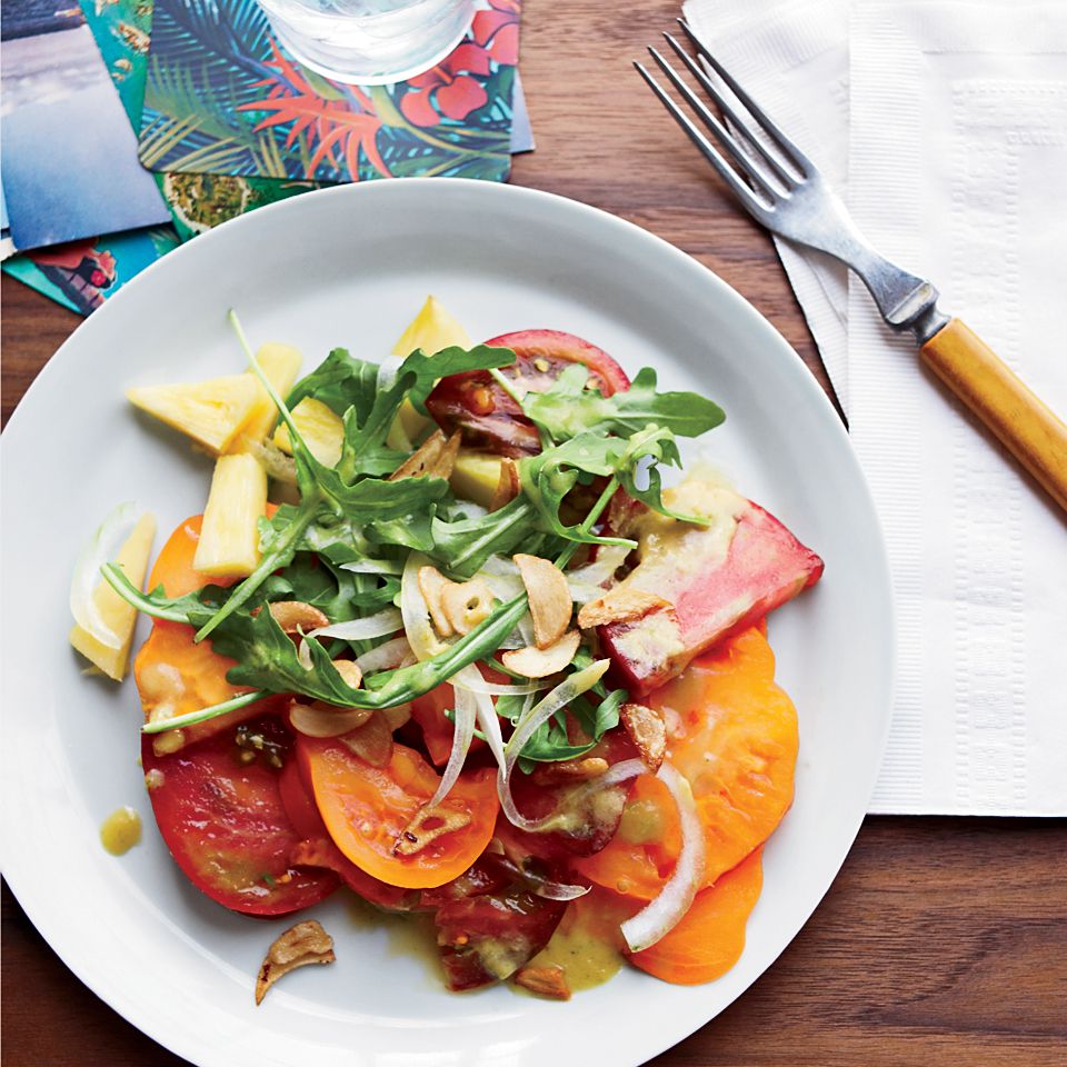 Tomato-and-Pineapple Salad with Garlic Chips 