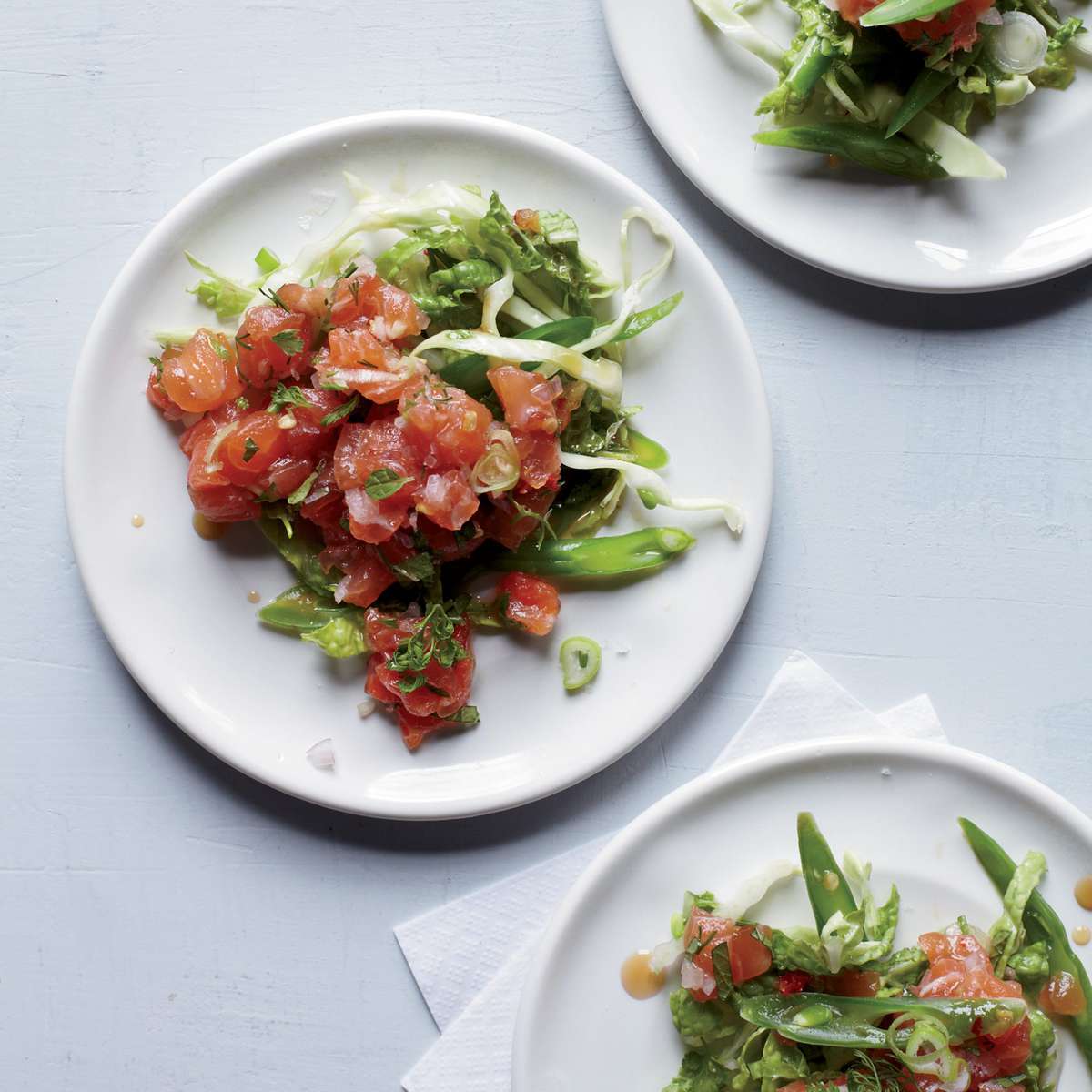 Spicy Salmon Tartare with Cabbage, Green Beans & Herbs 