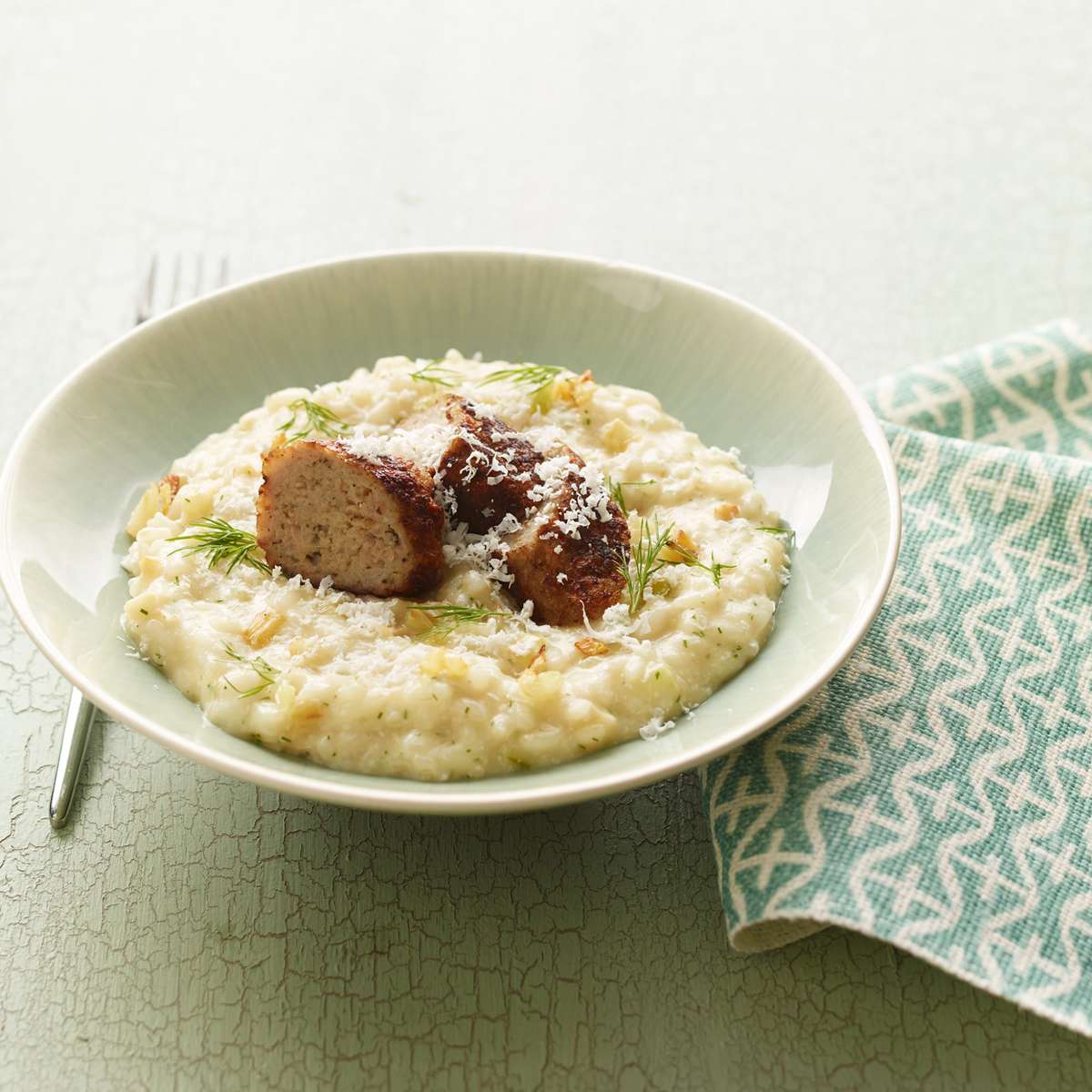 Fennel Risotto with Crispy Lamb Sausage 