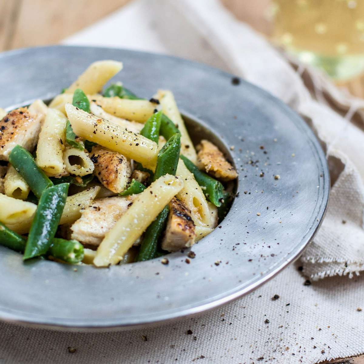 Penne with Chicken, Green Beans, and Cashew Butter 