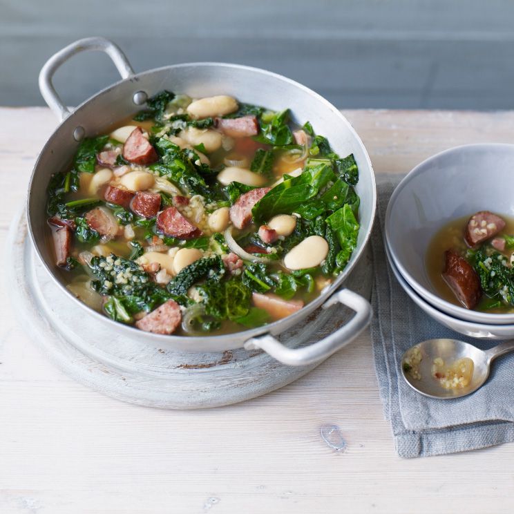 Bean-Sausage Soup with Saut&eacute;ed Spring Greens 